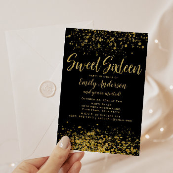 Gold And Black Glitter Sweet 16 Invitation by MaggieMart at Zazzle