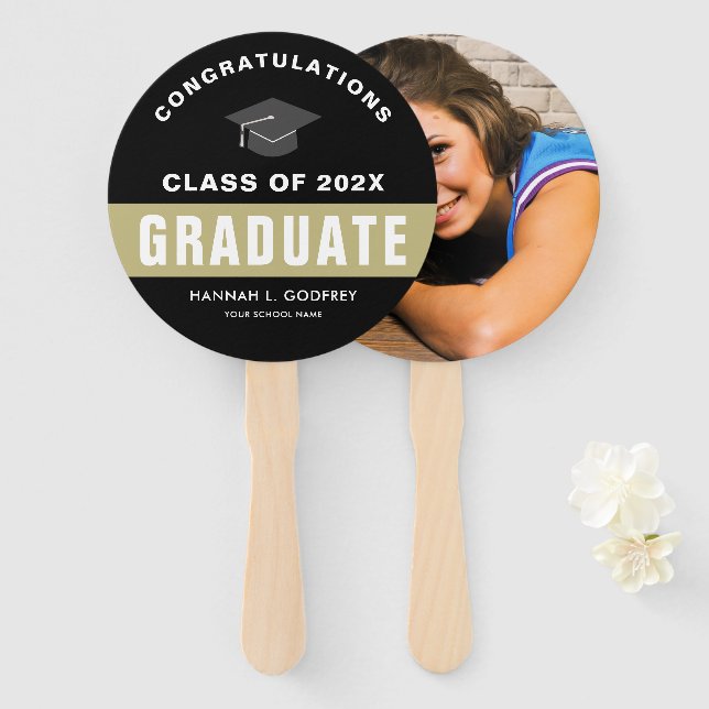 Gold and Black Graduation Congratulations Photo Hand Fan (Front and Back)