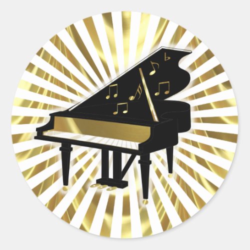 Gold and Black Grand Piano Music Notes Classic Round Sticker