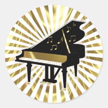 Gold And Black Grand Piano Music Notes Classic Round Sticker by dreamlyn at Zazzle