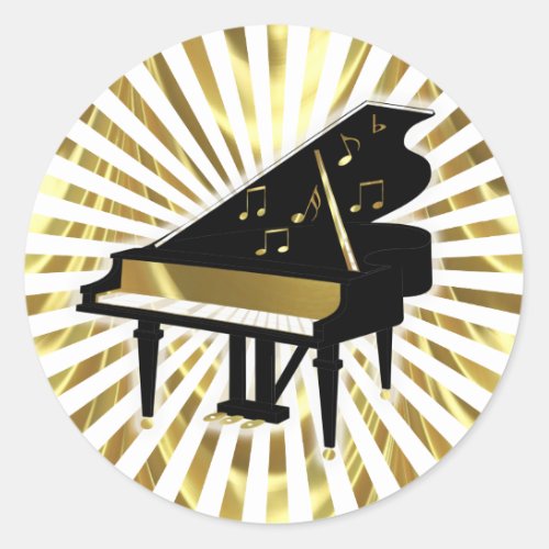 Gold and Black Grand Piano Music Notes Classic Round Sticker