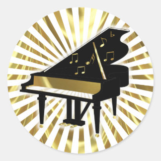 Gold and Black Grand Piano Music Notes Classic Round Sticker