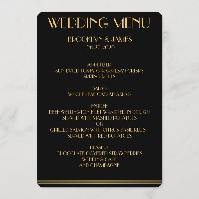 Gold And Black Great Gatsby Wedding Menu (Front)