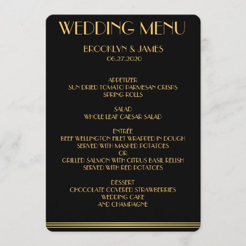 Gold And Black Great Gatsby Wedding Menu