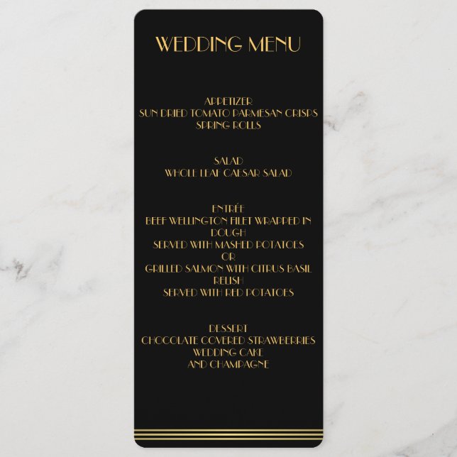 Gold And Black Great Gatsby Wedding Menu (Front)