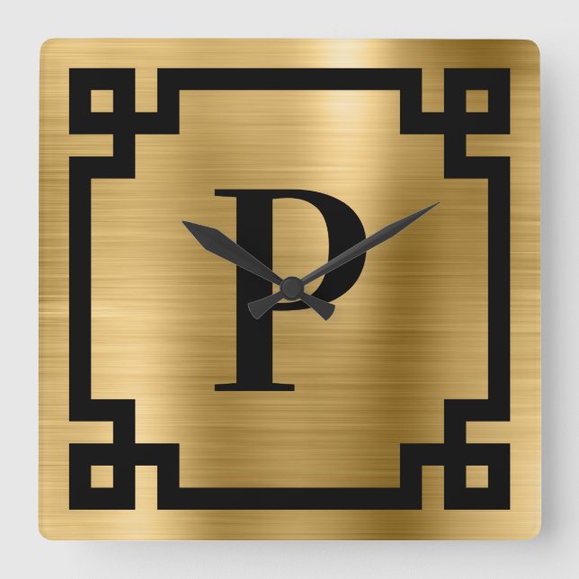 Gold and Black Greek Key Border Monogram Square Wall Clock (Front)