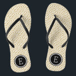 Gold and Black Greek Key Monogram Flip Flops<br><div class="desc">Custom printed flip flop sandals with a stylish modern Greek key pattern and your custom monogram or other text in a circle frame. Click Customize It to change text fonts and colors or add your own images to create a unique one of a kind design!</div>