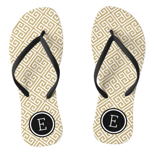 Gold and Black Greek Key Monogram Flip Flops