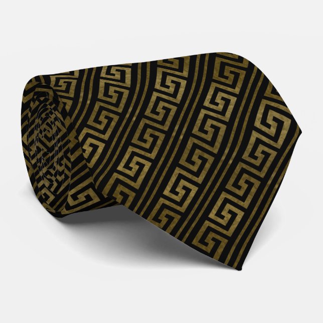 Gold and Black Greek Key Stripe Design Neck Tie (Rolled)