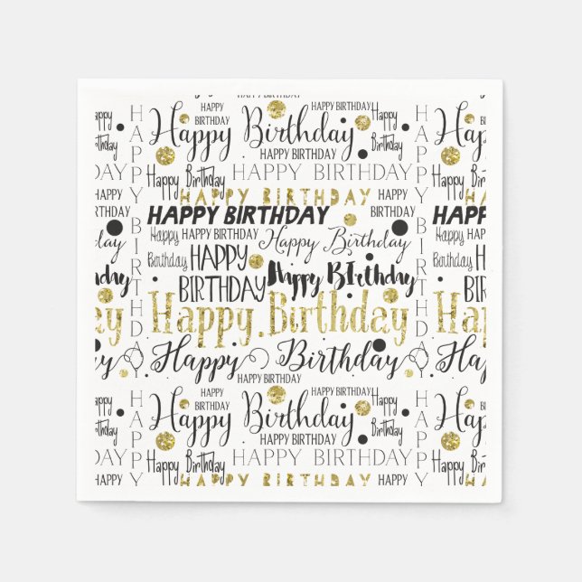 Gold and Black Happy Birthday Confetti Napkins (Front)