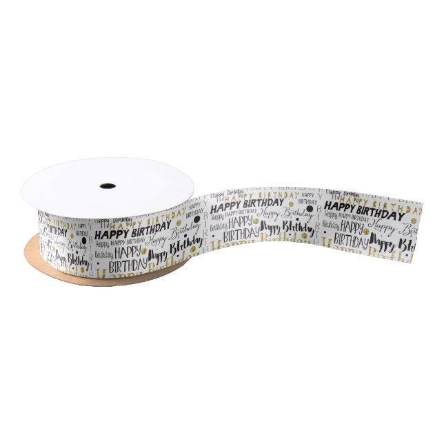 Gold and Black Happy Birthday Confetti Satin Ribbon (Spool)