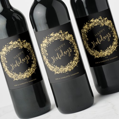 Gold and Black Happy Holidays Wine Label