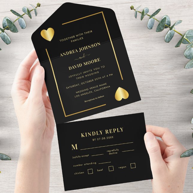 Gold and Black Heart Frame Vegas Poker Wedding All In One Invitation (Creator Uploaded)