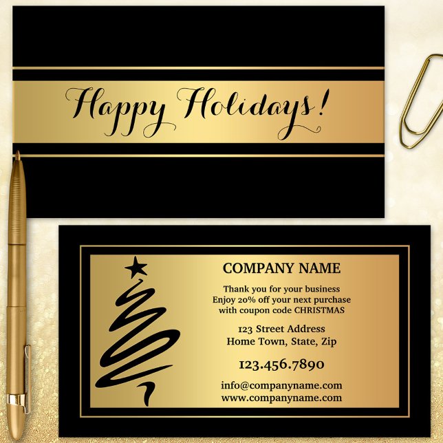 Gold and Black Holidays Thank You Business Card (Christmas Holidays business card with a simple gold and black design with modern tree outline)