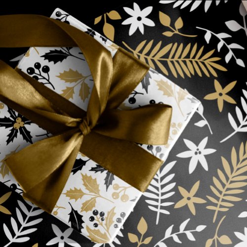 Gold and Black Holly Berries Leaves Christmas Wrapping Paper Sheets