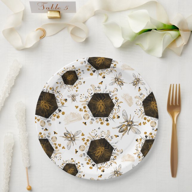 Gold and Black Honey Bee  Paper Plates (Wedding)