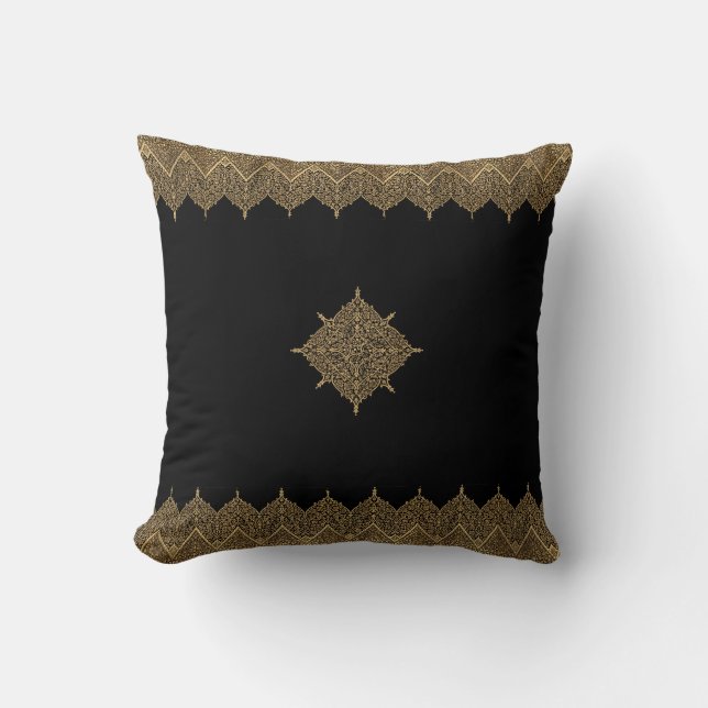 Gold and Black Indian Motif Throw Pillow (Front)
