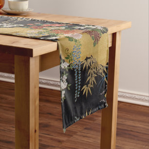 Gold and Black Japanese Kimono Floral Dining Short Table Runner