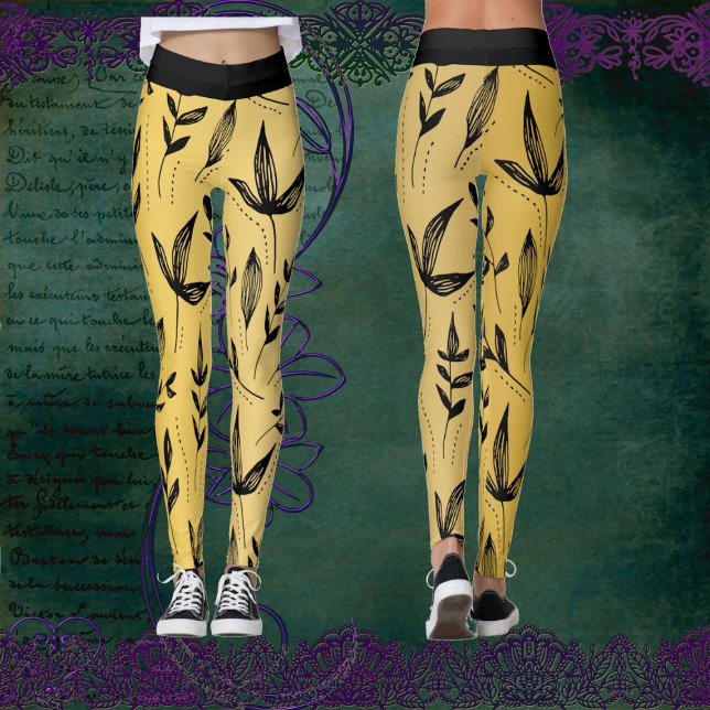 Gold and Black Leaves Chic Modern Art Minimalist  Leggings (Gold and Black Leaves Chic Modern Art Minimalist Leggings)