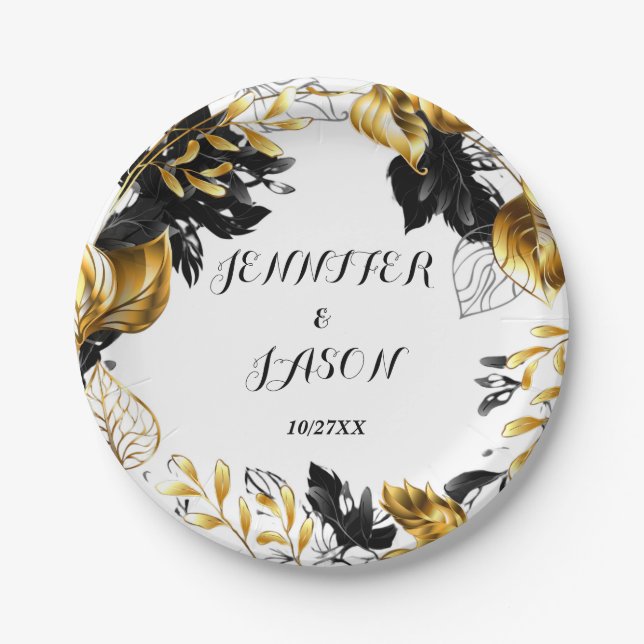 Gold and Black Leaves Personalized Paper Plate (Front)