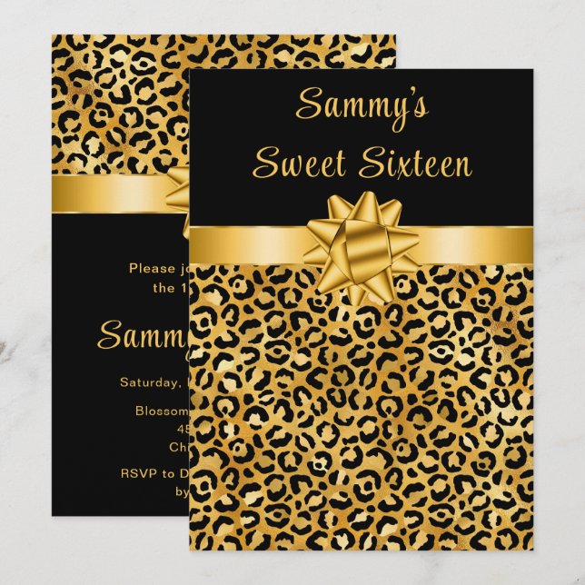 Gold and Black Leopard Print Sweet Sixteen Invitation (Front/Back)