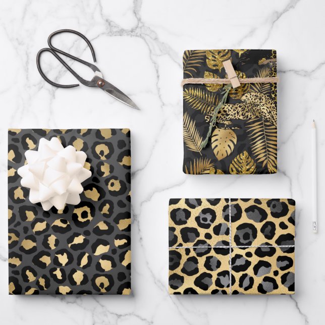 Gold and Black Leopard Wrapping Paper Sheets (Front)