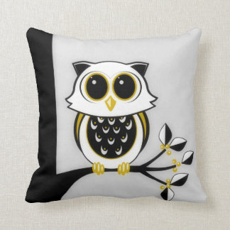 Gold and Black Line Art Owl, Leaves and Berries Throw Pillow