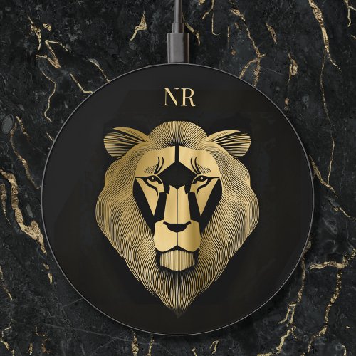 Gold and Black Lion Modern Chic Classy Monogrammed Wireless Charger