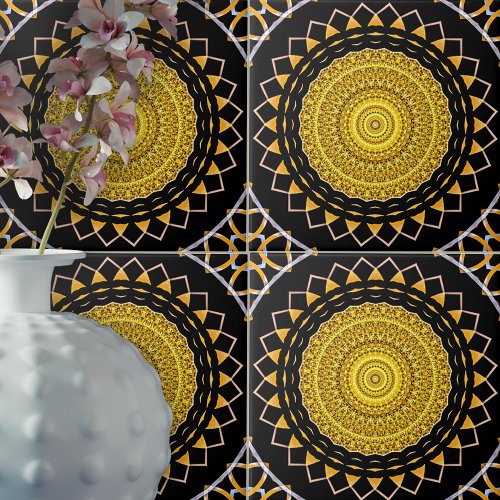 Gold and Black Luxurious Chic Oriental Medallion Ceramic Tile