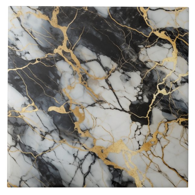 Gold and Black Marble Background Pattern Ceramic Tile (Front)