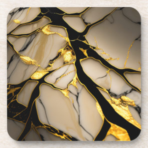 Gold and Black Marble Effect in Cream Tones Beverage Coaster