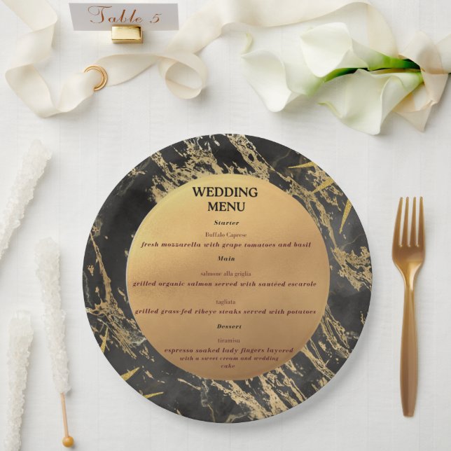 Gold and black marble theme wedding Menu Paper Plates (Wedding)