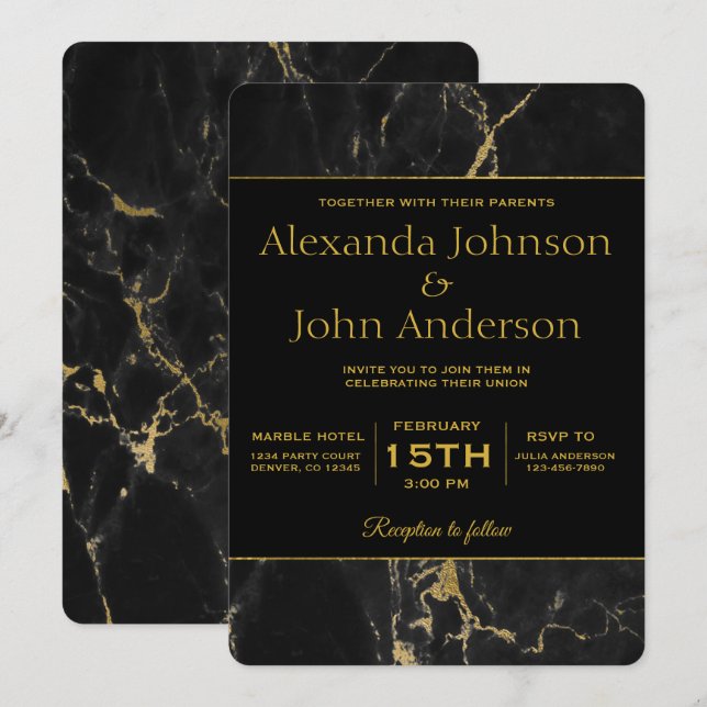 Gold and Black Marble Wedding Invitation (Front/Back)