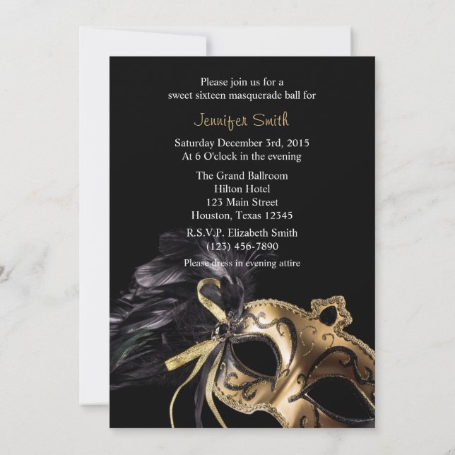 Gold and Black Masquerade Sweet 16 Ball Invitation (Back)