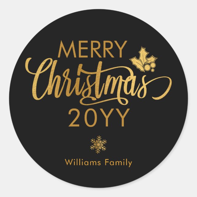 Gold and Black Merry Christmas Custom Holiday  Classic Round Sticker (Front)