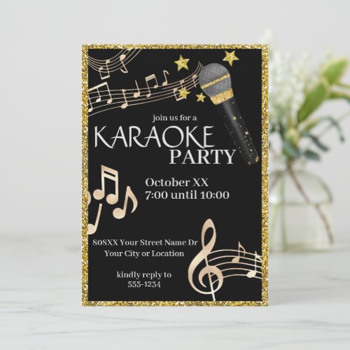 Gold and Black Microphone Music Karaoke Party Invitation