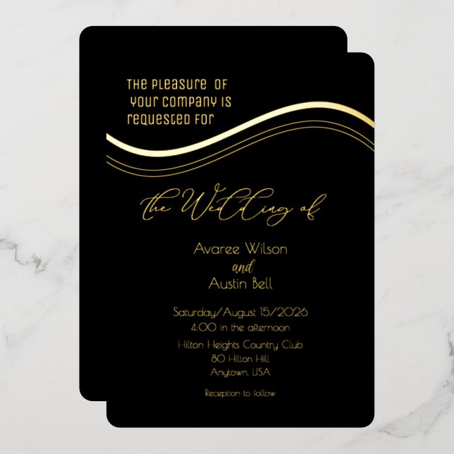 Gold and Black Minimalist Wedding Invitation Foil Invitation (Front/Back)