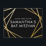 Gold and Black Modern Bat Mitzvah Save the Date Announcement Postcard<br><div class="desc">Modern, trendy, and elegant gold and black Bat Mitzvah save the date postcards with a unique geometric squares border. Easily personalize this affordable save the date for your Bat Mitzvah with custom name, date, and details of your fun and sophisticated celebration. All of the text is editable, so this design...</div>