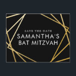 Gold and Black Modern Bat Mitzvah Save the Date Announcement Postcard<br><div class="desc">Modern, trendy, and elegant gold and black Bat Mitzvah save the date postcards with a unique geometric squares border. Easily personalize this affordable save the date for your Bat Mitzvah with custom name, date, and details of your fun and sophisticated celebration. All of the text is editable, so this design...</div>