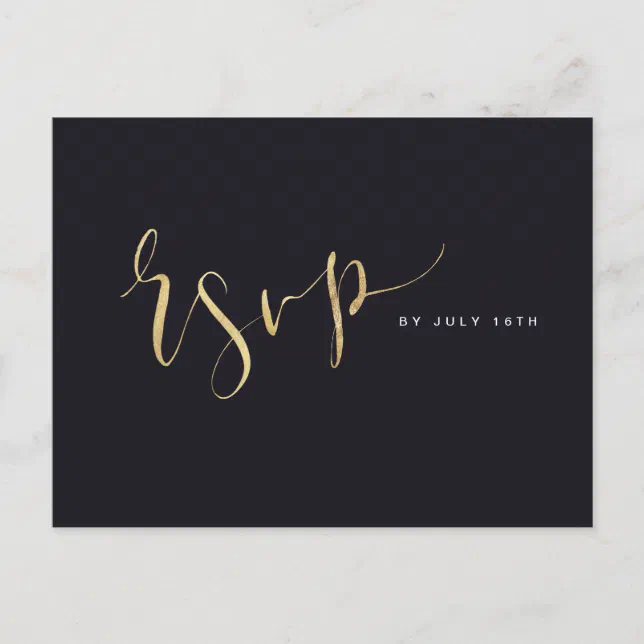 Gold and Black Modern Simple Script wedding RSVP Invitation Postcard ...