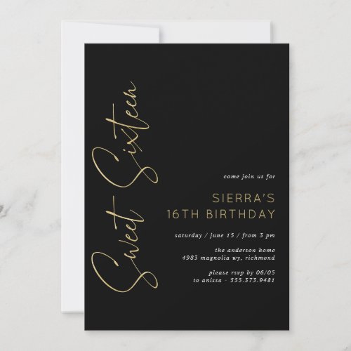 Gold and Black  Modern Sleek Sweet 16 Birthday Invitation