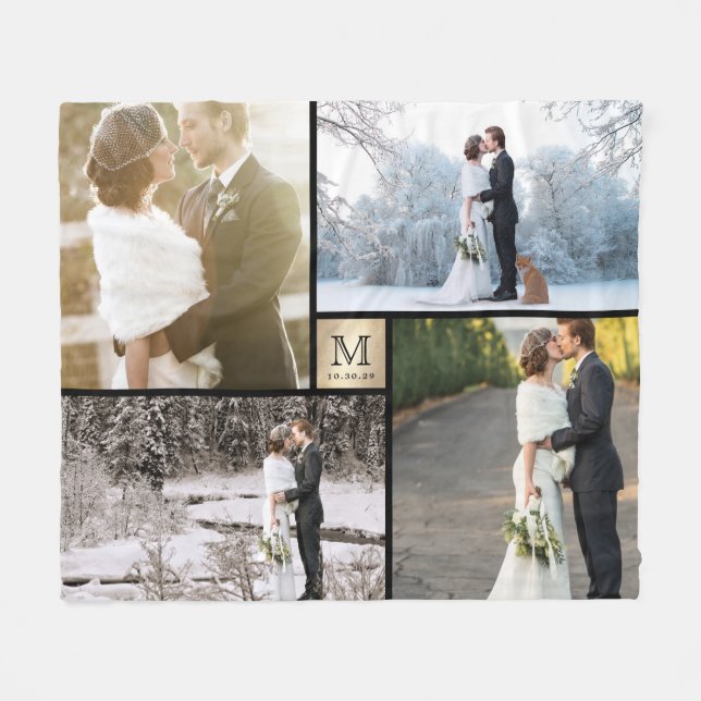 Gold and Black Monogram 4 Photo Collage Wedding Fleece Blanket (Front (Horizontal))