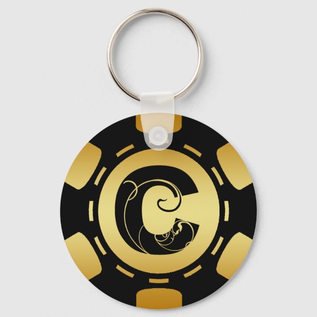 GOLD AND BLACK MONOGRAM LETTER C POKER CHIP KEYCHAIN (Front)
