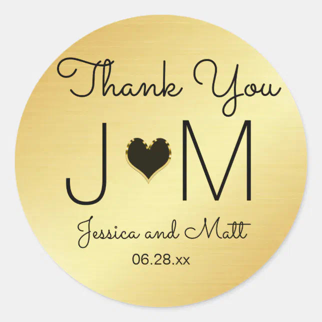 Gold and Black Monogram Thank You Wedding Sticker | Zazzle