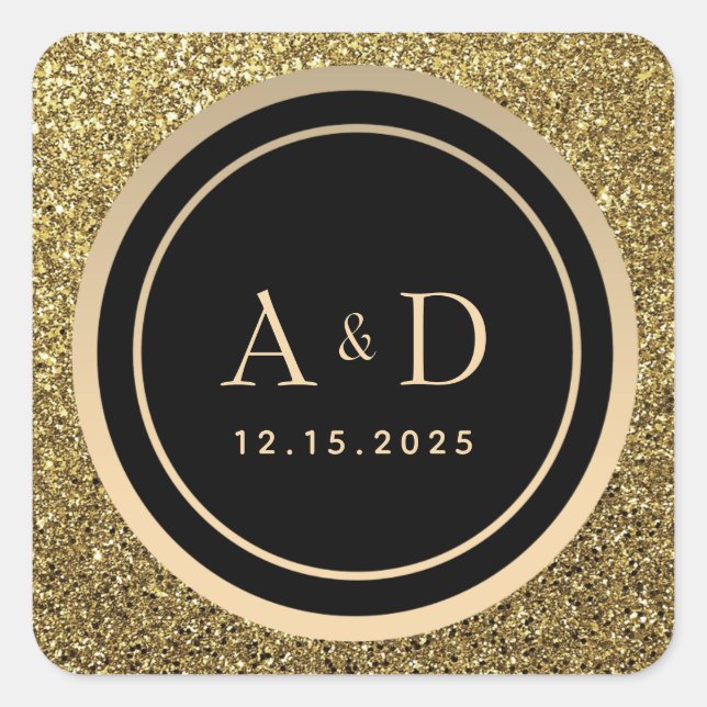 Gold and Black Monogram Wedding Square Sticker (Front)