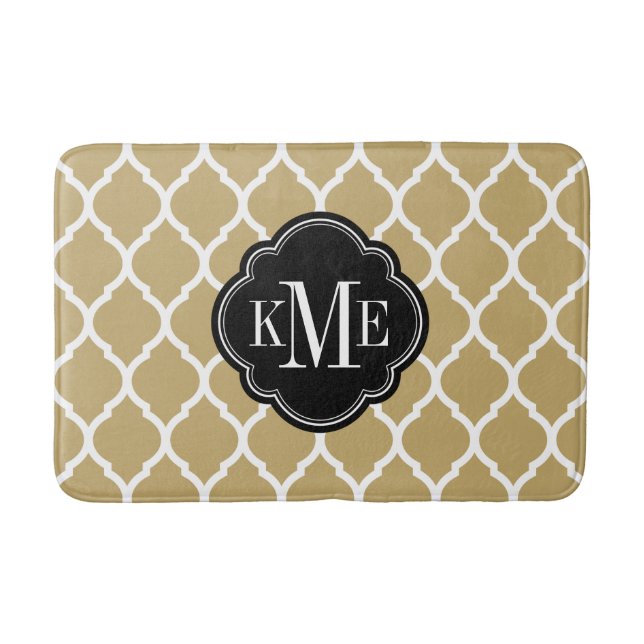 Gold and Black Moroccan Quatrefoil Monogram Bathroom Mat (Front)