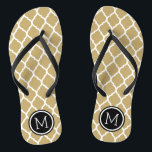 Gold and Black Moroccan Quatrefoil Monogram Flip Flops<br><div class="desc">Custom printed flip flop sandals with a stylish Moroccan quatrefoil pattern and your custom monogram or other text in a circle frame. Click Customize It to change text fonts and colors or add your own images to create a unique one of a kind design!</div>