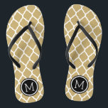 Gold and Black Moroccan Quatrefoil Monogram Flip Flops<br><div class="desc">Custom printed flip flop sandals with a stylish Moroccan quatrefoil pattern and your custom monogram or other text in a circle frame. Click Customize It to change text fonts and colors or add your own images to create a unique one of a kind design!</div>