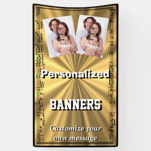 Gold and black music notes surround photo template banner