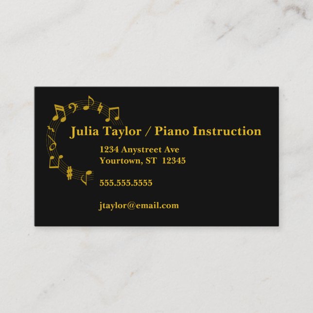 Gold and Black Musical Notes Music Teacher Business Card (Front)